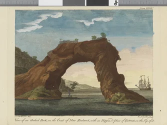 Uitzicht op een gebogen rots, illustratie uit Een reisverslag naar de Zuidzeeën: in Zijne Majesteits schip, de Endeavour, 1794